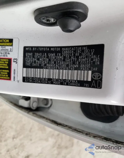 2012 Toyota Corolla Base z USA, uszkodzony, nr VIN 2T1BU4EE1CC916740